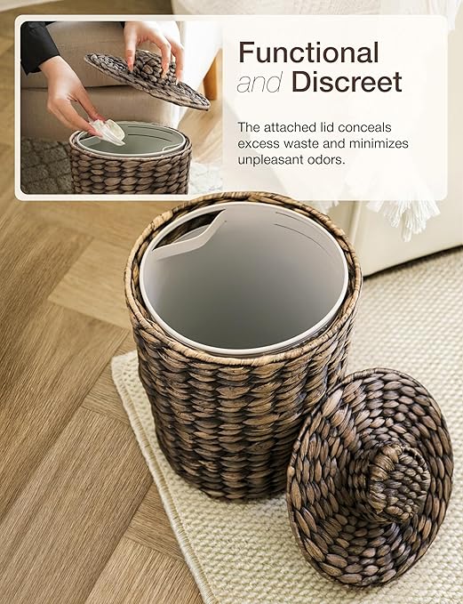2 Gallons Wicker Waste Basket - Water Hyacinth Bathroom Trash Can - Garbage Can with Lid Boho Style - Wicker Trash Can with Lid for Bedroom Kitchen - Removable Liner Handwoven (Black Color)