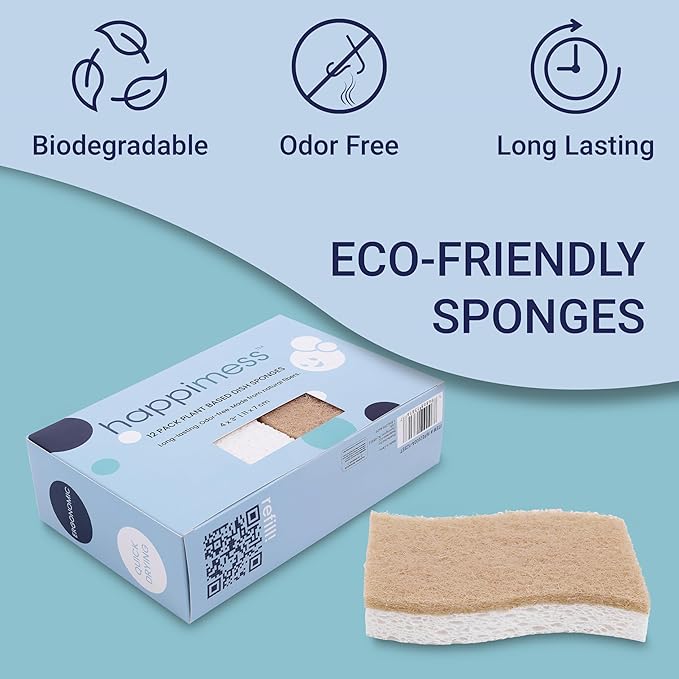 happimess WPE2000A-12SET Natural Plant Based Non-Scratch Sisal Hemp/Cellulose Scrubbing Dish Sponge Cleaning Sponge for Dishes Bathroom Household Beige/White (Set of 12)