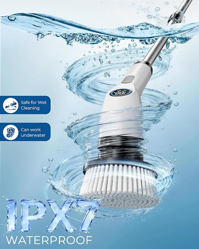 Electric Spin Scrubber Rechargeable with Upgraded Battery &amp Extended Runtime IPX7 Cleaning Brush 3000mAh Battery 7 Brush Heads 2-Speed Adjustable Long Handle for Bathroom &amp Tile Floor Clean
