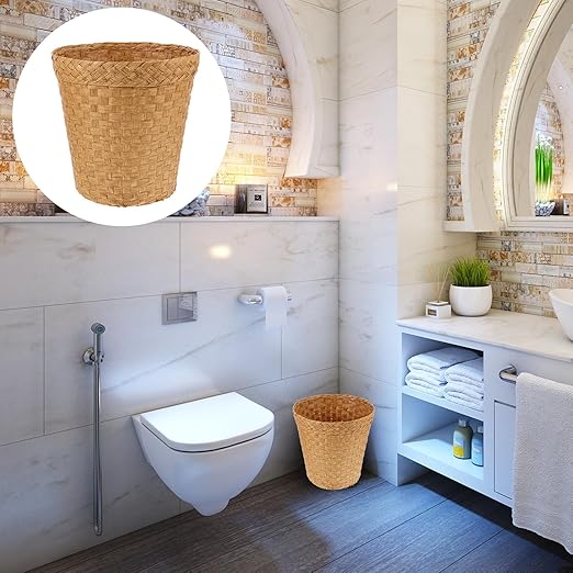 Woven Trash Bin Natural Straw Wastebasket Multi-Function Handwoven Paper Basket for Bathroom Office Desk Storage Organizer