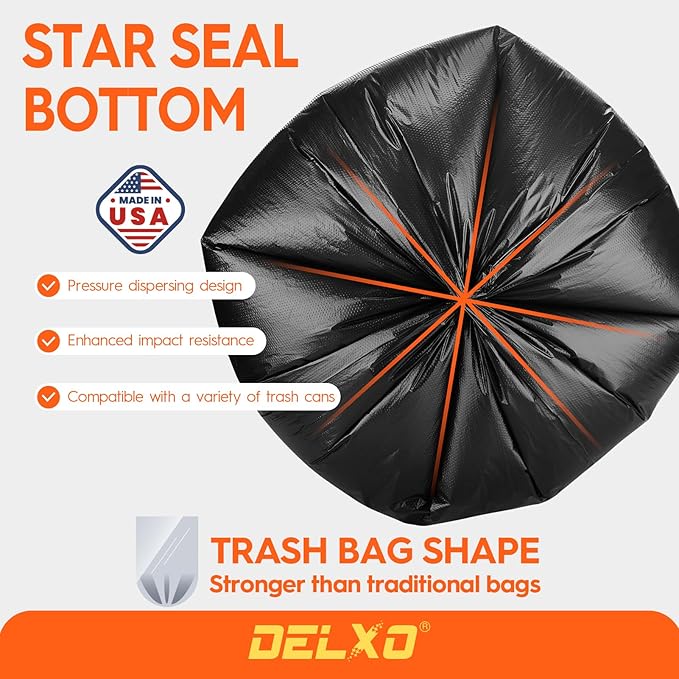 Delxo 55-60 Gallon Trash Bags 100 Count – 0.9 Mil Medium Duty Garbage Bags Durable &amp Puncture-Resistant Plastic Bolsas para basura Perforated Design– Made in USA for Kitchen Yard Office (Blac