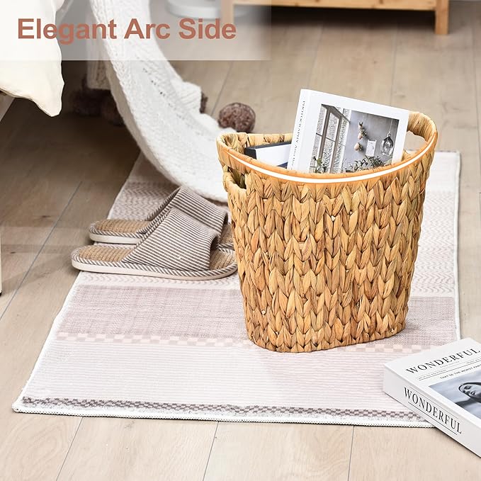 FairyHaus Wicker Trash Can with Handles Natural Water Hyacinth Wicker Waste Basket Handwoven Wicker Trash Basket for Bathroom Bedrooms 13 L x 7.5 W x 12.2 H