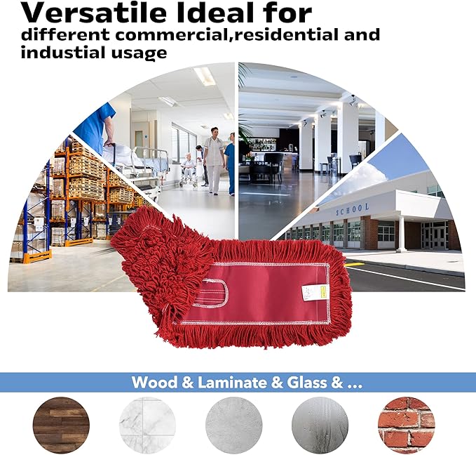 Matthew Cleaning 24'' Industrial Strength Cotton Dust Mop Refill Washable Replacement Heads for Residential &amp Commercial Use Fit Standard Dust Mop Frames HardwoodConcrete Floors Red 3 Pack
