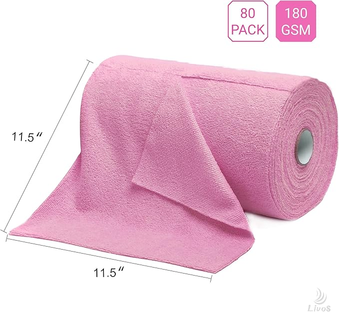 LIVOS Microfiber Cleaning Cloth Roll - 80 Pack Reusable Paper Towels Pink Tear Away Microfiber Towels for Cars Super Absorbent Lint Free Cleaning Rags for House Kitchen Window-11.5x11.5