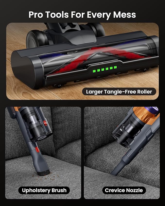 Cordless Vacuum Cleaner for Home Upgraded 60Kpa Powerful Suction Pet Hair Vacuum with 70min Runtime Green LED Light for Hardwood Floors &amp Carpet Self-Standing Rechargeable Stick Vacuum Golden