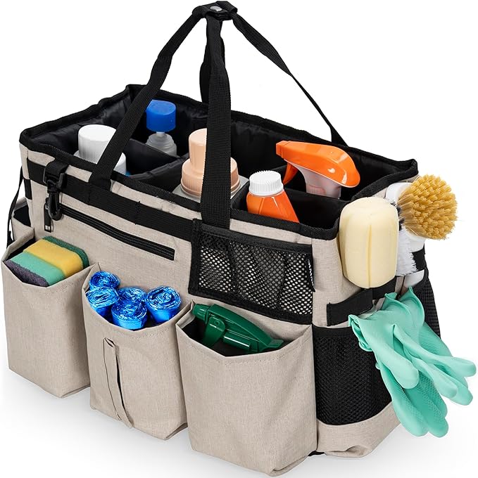 Wearable Cleaning Caddy Bag for Cleaning SuppliesLarge Capacity Cleaning Organizer White