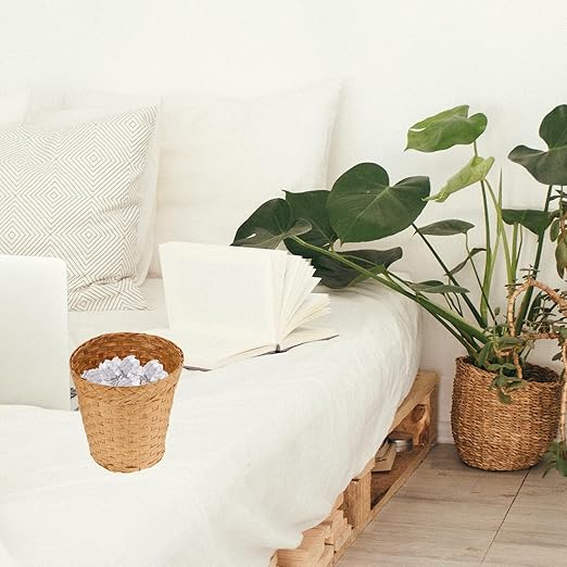 IMIKEYA Wicker Waste Paper Basket Small Woven Basket Desktop Trash Can Wastebasket Decorative Waste Bin Round Garbage Can Rubbish Basket for Bedroom Bathroom Office Home