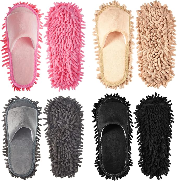 Jecery 4 Pair Washable Microfiber Mop Slippers Detachable Dusting Shoes for Floor Cleaning Office &amp Home Use Suitable for Women &amp Men(Black Beige Pink GrayM Size)