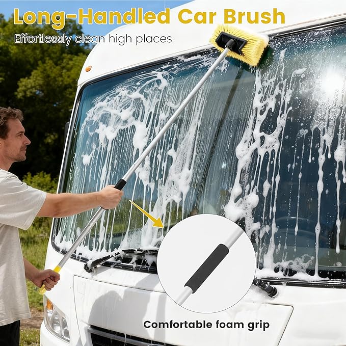 Car Wash Brush with Long Handle 60'' Soft Bristle Cleaning Brush Car Cleaning Brushes Carwash Brushes for SUV RV Boat Truck House Siding Sweep Snow Yellow