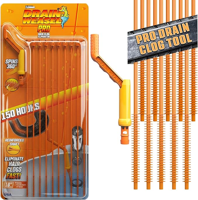 FlexiSnake Pro Drain Weasel Sink Snake Hair Clog Remover Tool Sink Pipe Bathroom Bathtub Drain Cleaner 18-inch Long Flexible Made in The USA 10 Pack Reusable Wands and Removable Handle