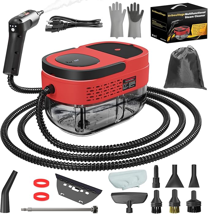 Handheld Steam Cleaner for Home 2500W High Temperature Pressurized Machine 1.6L Water Tank Handle-controlled Steam Output Portable Cleaning Steamer for Car Bed Bugs Furniture Grout (Red)