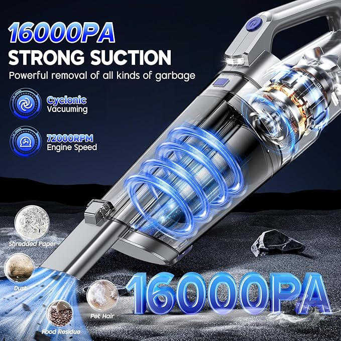 Handheld Vacuum Cordless 16000PA Strong Suction Hand Held Car Vacuum Cleaner Portable Hand Vacuum Rechargeable with Multi-Nozzles &amp LED Light for Home Car Office Pets