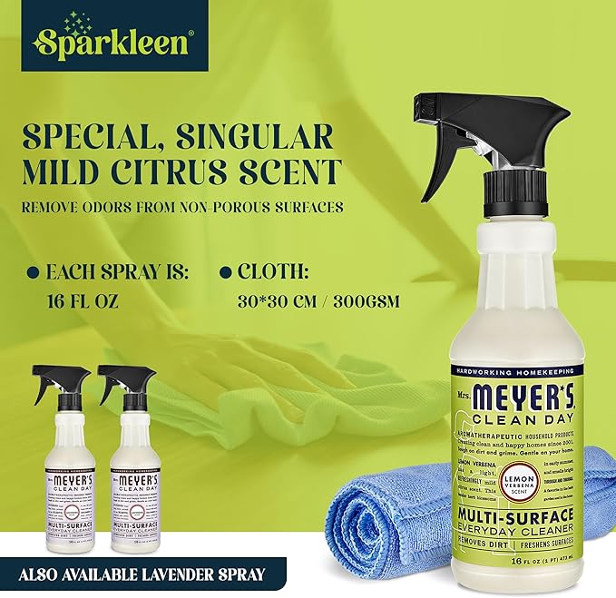 Mrs. Meyers Multi-Surface All Purpose Cleaner Set Multi-Purpose Cleaner 2 Pack 16 oz. Lemon Verbena Spray and Cloth Set Bundle for Bathroom Living Room or Bedroom