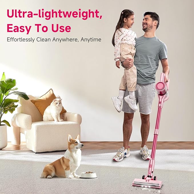 Cordless Vacuum Cleaner 8 in 1 40Kpa 55MinsLightweight Vacuum Cleaners for Home Stick Vacuum with Anti-Tangle BrushWall Mount Rechargeable Cordless Vacuum for Floor/Sofa/Pet HairPink