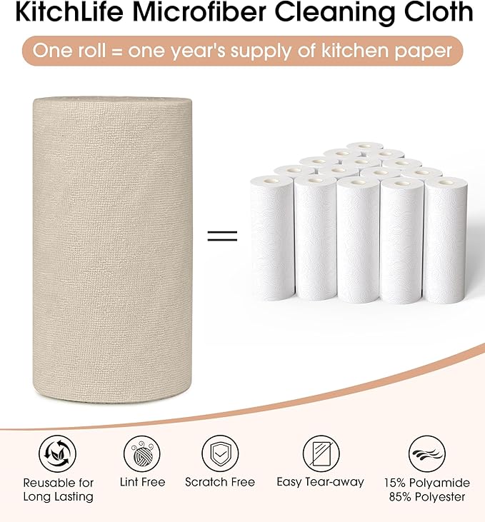 KitchLife Microfiber Cleaning Cloth Roll 100 Pack - Tear-Away Microfiber Paper Towels Lint-Free Reusable Washable for Kitchen Car Dishes and Sensitive Surfaces (Sand Beige)