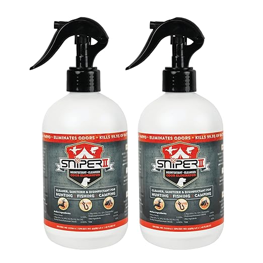 SNiPER II Disinfectant Cleanser and Odor Eliminator Cleaner for Outdoor Disinfecting Purposes Use for Hunting Fishing and Camping Made in the USA 16 Ounce Spray Bottle 2-Pack