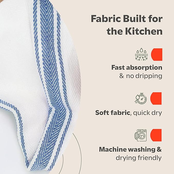 Zeppoli Classic Kitchen Towels - 45 Pack 100% Natural Cotton Towel Set Reusable Wash Cloths Absorbent Dish Towels Machine Washable Hand Towels Kitchen Essentials -14” by 25” Blue Striped