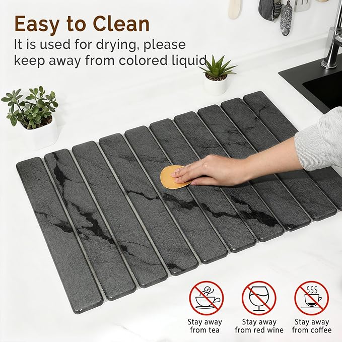 Large Stone Dish Drying Mat for Kitchen Counter Quick Dry Stone Dishes Mats Foldable Water Absorbing Diatomaceous Drying Pad for Countertop Bottles Utensils Cups Bathroom (Dark Gray 24x16)