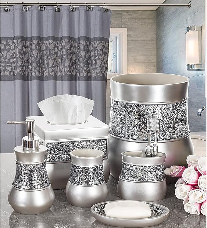 Creative Scents Crackled Glass Silver Tissue Box Cover Square - Decorative Tissue Box Holder - Tissue Holder Vessel for Bathroom with Durable Bottom Slider Elegant Home or Bathroom Decor