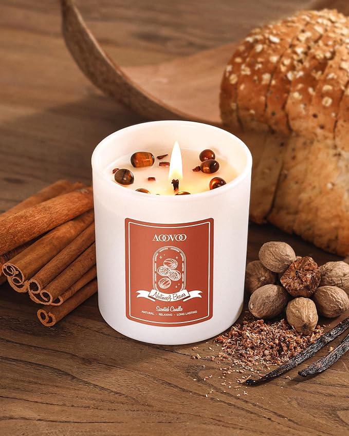 AOOVOO Nutmeg Beans Scented Candles for Women - Aromatherapy Candle with Crystals Inside 10oz Soy Candles for Home Scented Birthday Gifts Valentines Day Candle for Women Mom