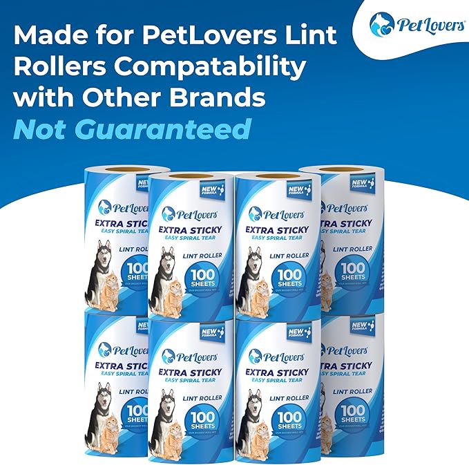 PetLovers Extra Sticky Lint Roller Mega Value Set for Pet Hair Removal Dog and Cat Lint Remover (8 Pack Refills)