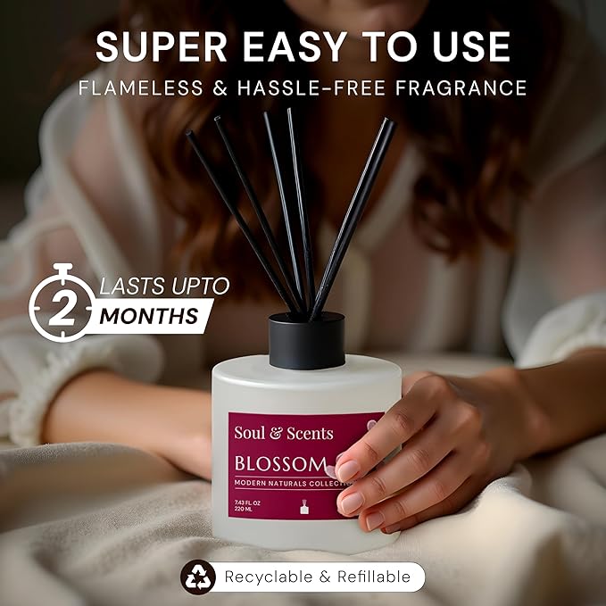 Soul &amp Scents Reed Diffuser Set – Blossom | 7.43 oz Refillable Scented Oil with 6 Fiber Sticks | Long-Lasting Home Fragrance &amp Air Freshener for Bedroom Bathroom Office | Gift &amp Décor Pi