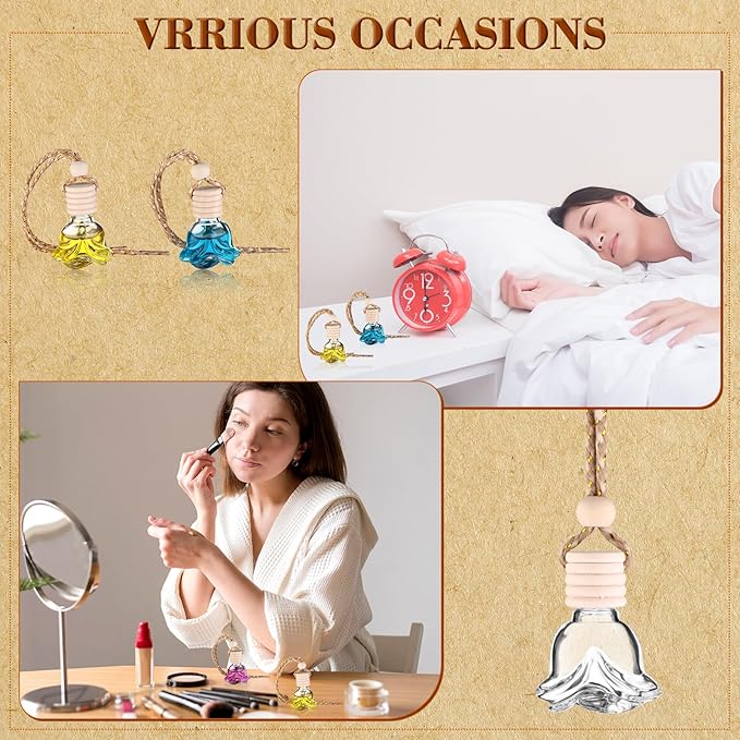 50 Pcs 8ml Hanging Car Air Freshener Diffuser Empty Clear Glass Essential Diffuser Oil Aromatherapy Fragrance Perfume Pendant Rose Shape with Wooden Cap Hanging String Car Diffuser Bottle
