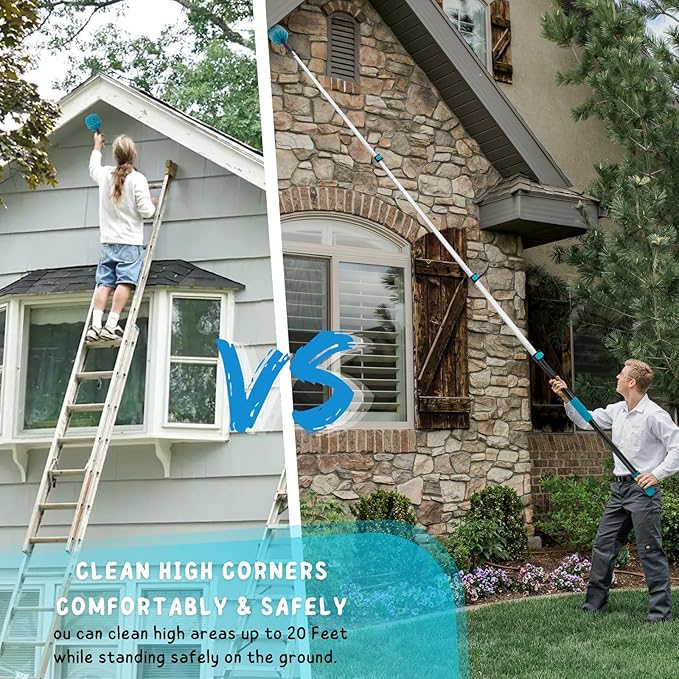 Cobweb Duster with 5-12 Ft Extension Pole Spider Web Brush with Long Telescoping Pole for 20 Feet Reach Window Cleaning Squeegee with Scrubber High Ceiling Fan Dusters