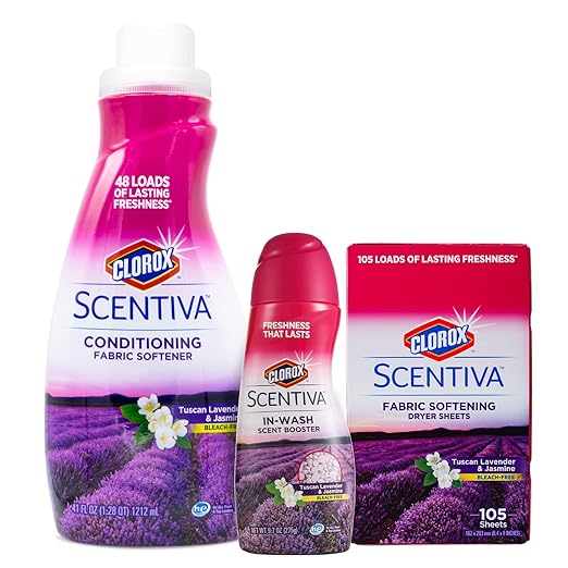 Clorox Scentiva Laundry Bundle in Tuscan Lavender &amp Jasmine Scent | Includes Clorox Scentiva Scented Dryer Sheets Scent Booster Beads and Fabric Softener