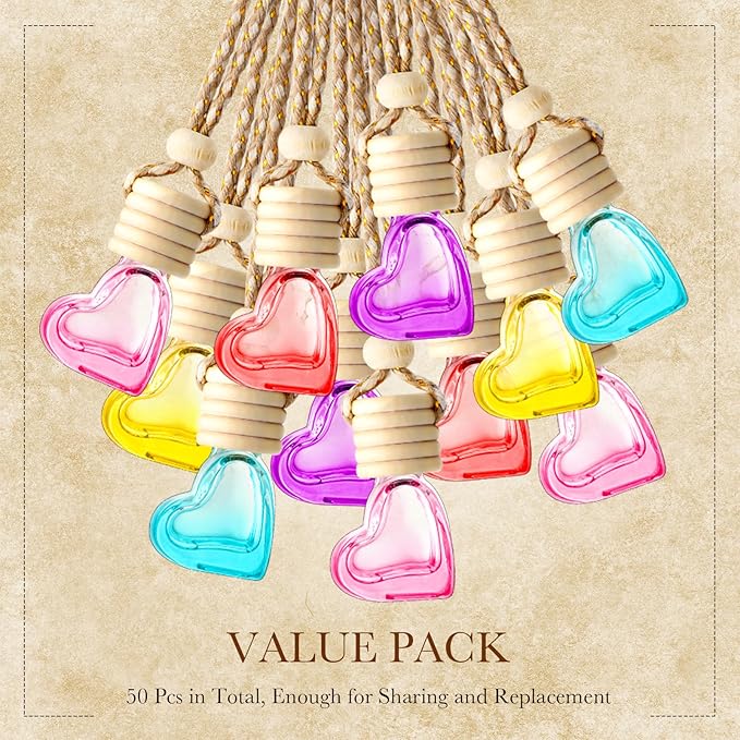 50 Pcs 6ml Hanging Car Air Diffuser Bottle Empty Glass Perfume Air Freshener Heart Love Bottle Diffuser Pendant Valentine's Day Essential Oil Fragrance Aromatherapy Ornament (Multicolor)