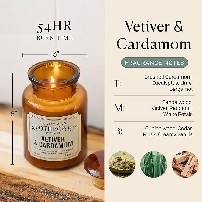 Paddywax Artisan Apothecary Scented Candle with Lid in Reusable Glass Jar Clean-Burn Soy Candle with Approx. 54 Hour Burn Time Vetiver &amp Cardamom 8 oz.