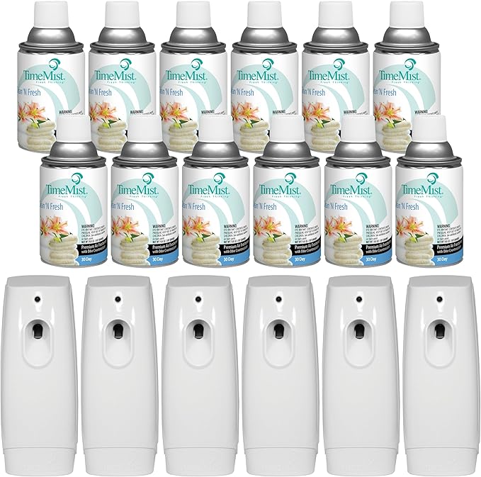 TimeMist Premium Metered Air Freshener Refills Clean &amp Fresh (12) with Aerosol Fragrance Dispenser (6) - 1042771 - Lasts Up To 30 Days and Neutralizes Tough Odors