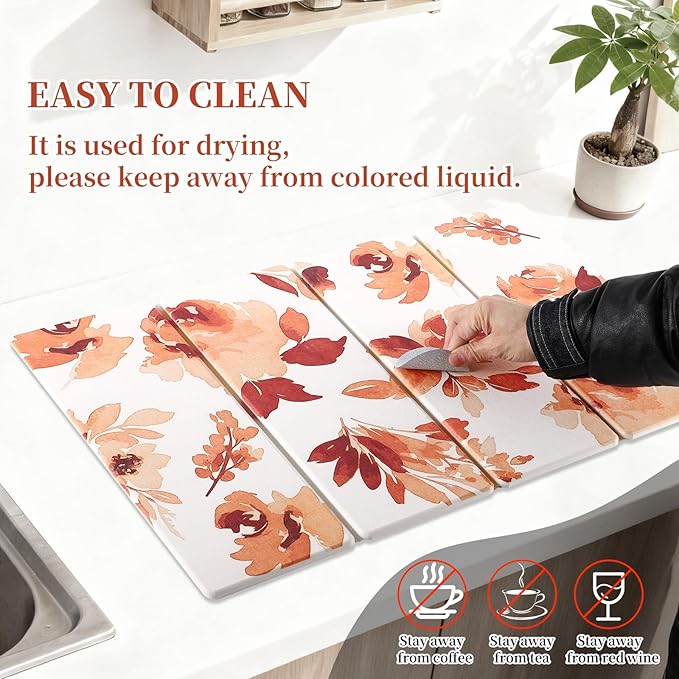 3 PCS Stone Dish Drying Mat for Kitchen Counter Quick Dry Foldable Stone Dishes Mats Water Absorbing Diatomaceous Earth Drying Organizer for Dishes Bottles Cups and Tableware (Orange)