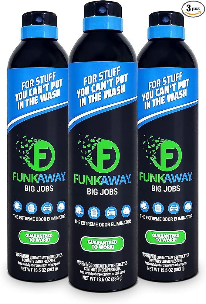 FunkAway Big Jobs Aerosol Spray 13.5 oz. 3 Pack Extreme Odor Eliminator Spray Ideal for Shoe Smells Pet Odors and Large Stuff that Won't Fit in the Wash Attacks Musty Odors at the Source