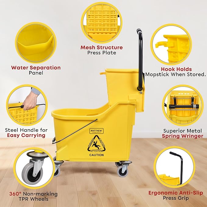 Matthew Cleaning 44Quart Commercial Mop Bucket INCL.Wet String Mop&amp 19'' Industrial Wet Floor Sign with Side Press Wringer On WheelsTandem Portable Floor Cleaning WavebrakeIdeal for Household