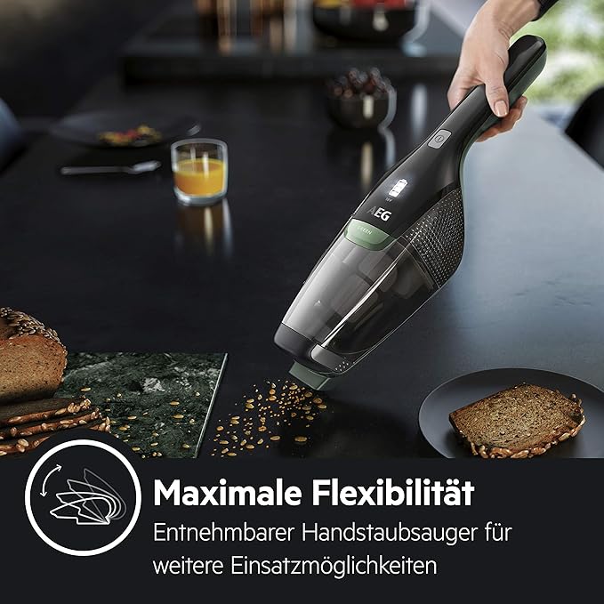 AEG Ergorapido CX7-2-45MÖ 2in1 Akku-Staubsauger (50% Recyclingmaterial beutellos bis zu 45 min Laufzeit freistehend 180° Drehgelenk Bürstenreinigungsfunktion LED-Frontlichter schwarz/grün)