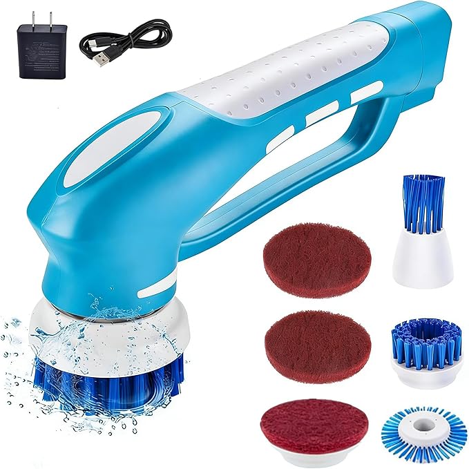 RICHOOSE Cordless Electric Spin Scrubber with 6 Brush Heads &amp 2 Rechargeable Batteries Power Scrubber for Shower Tile Grout Tub Bathroom Cleaning IPX7 Waterproof Handheld Scrubber