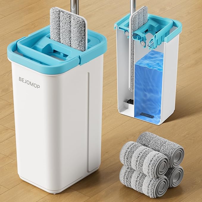 Mop and Bucket Set Mops for Floor Cleaning Squeeze Flat Mop and Bucket System Dry &amp Wet Wall Mop Cleaner with Long Handle for Household Cleaning with 4 Microfiber Mops Turquoise-Cyan