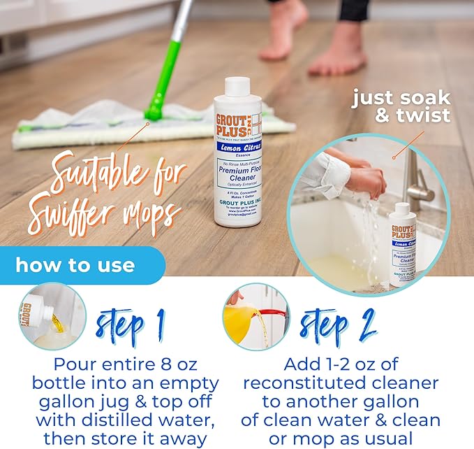 Premium Floor Cleaner All Purpose Multi Surface Cleaner &amp Optically Enhanced Brightener Neutral pH 3X Strength No Rinse - Lemon Citrus 8 Oz for 1 Gal