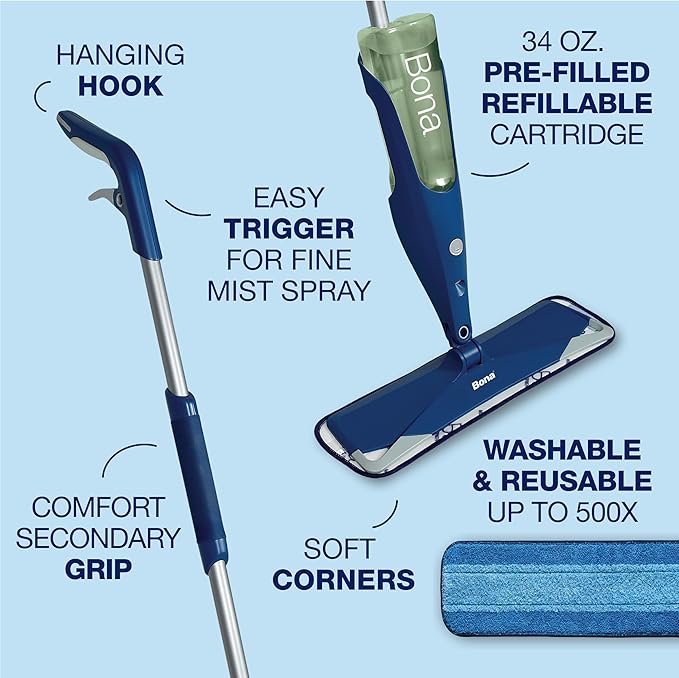 Bona Premium Motion Multi-Surface Floor Spray Mop - Includes Multi-Surface Floor Cleaning Solution and Machine Washable Microfiber Cleaning Pad - for Stone Tile Laminate and Vinyl Floors