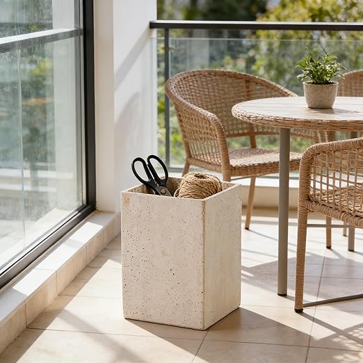 Modern Square Travertine Waste Basket Natural Stone Bathroom Trash Can Decorative Home Garbage Container Beautiful Travertine Look Rubbish Bin for Bathroom Bedroom Kitchen Home Office