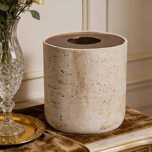 Natural Travertine Textures Mini Trash Can with Rose Gold Stainless Steel Lid Mini Countertop Trash Can for Bathroom Kitchen Desk or Table top Mini Garbage Can Resin Tiny Waste Basket for Vanity