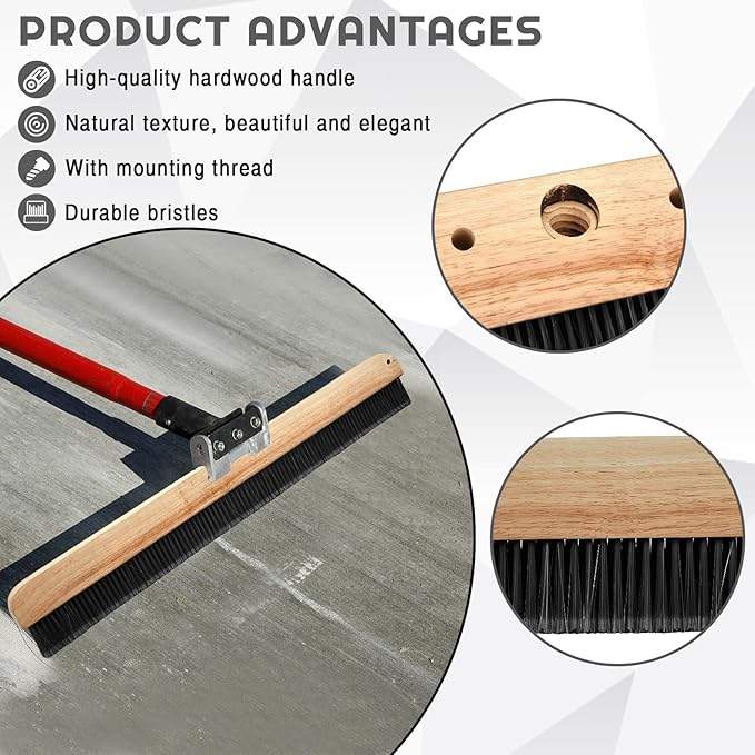 1 Pack 36 Inch Concrete Broom Finishing Tools Without Handle Wood Backed Brush Push Brooms with Mounting Threads for Concrete Finishes Hard Floors Yards