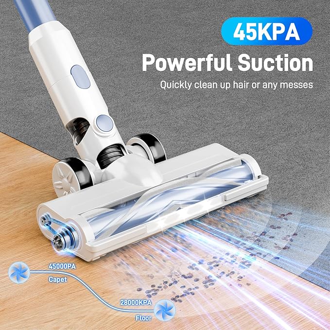 KIKETECH Cordless Vacuum Cleaner Stick Vacuum with 45Mins Runtime 8 in 1 Vacuum Cleaners1.8 L Dust Cup Rechargeable Vacuum Pet for Hair Carpet Hardfloor (Blue)