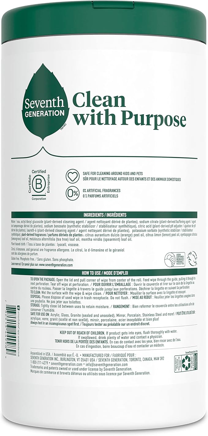 Seventh Generation Multi Surface Wipes All Purpose Cleaning Lemon Zest scent with 100% Essential Oils and Botanical Ingredients 70 count Pack of 6