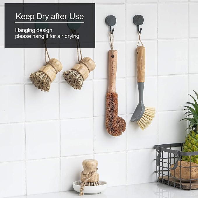 Natural Bamboo Dish Brush Bottle Scrub Brush 4-Piece Set with Ceramic Soap Dispenser - Wooden Washing Up Brushes with Sturdy Handles for Cleaning Dishes Pots Pans Gift Kit