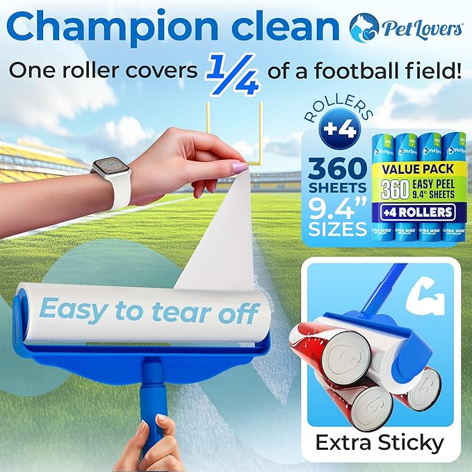 PetLovers Large Lint Roller with 3 Refills – 360 Total Sheets for Tackling Pet Hair Extra Large Floor and Carpet Roller for Homes with Pets Perfect for Floors Furniture and Loving Pet Owners