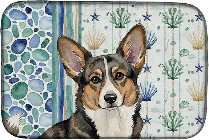 Caroline's Treasures Brindle Cardigan Welsh Corgi Coastal Sea Glass Dish Drying Mat Absorbent Dish Drying Mat Pad for Kitchen Counter Dish Drainer Mat for Countertop 14 x 21 Multicolor