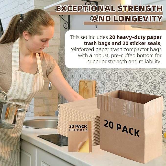 (20-Pack) Calvana Super Strong Compactor Bags Heavy-Duty Kitchen Paper Trash Bags with Leak Proof Plastic Liner Fits GE Model Compactors with Rectangular Containers Includes 20 Sticker Seals
