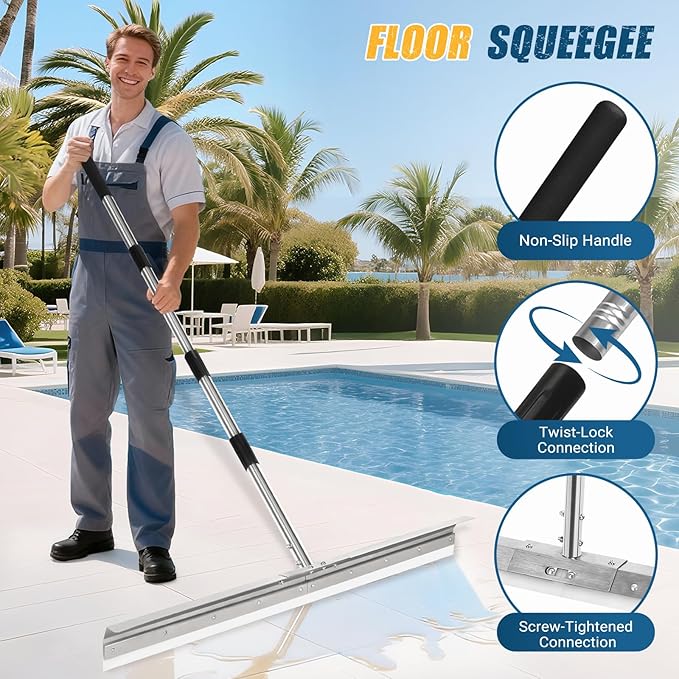 CAROD 33.4 Large Floor Squeegee for Concrete Commercial Heavy Duty Silicone Blade Squeegee for Floor with 63 Stainless Handle Anti-Splash Curved Baffle for Garage Factory and Tough Cleaning Jobs